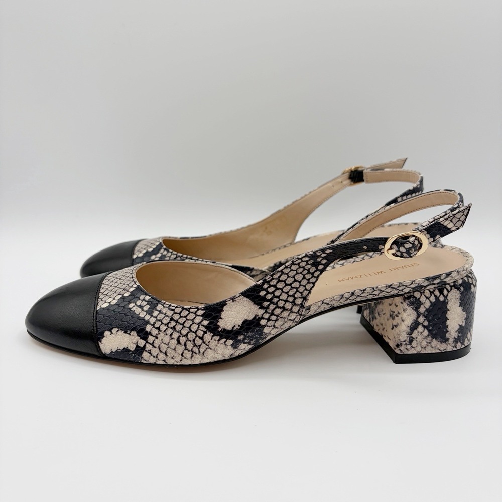 Stuart Weitzman Black Cap Toe Leather Snakeskin Slingback Pumps Sz 8.5 B Loraina